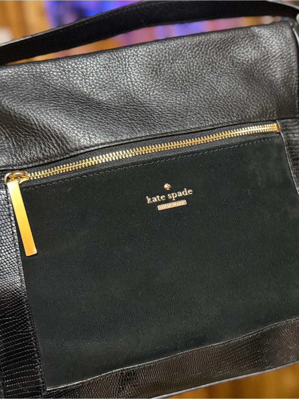 Kate Spade Black Leather and Suede Messenger Bag with Gold Hardware